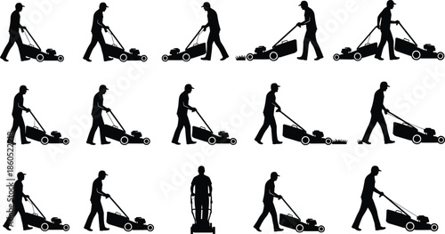 Lawn mower silhouette vector set, man mowing grass garden maintenance icons, backyard landscaping service shapes, outdoor chore graphic design elements.