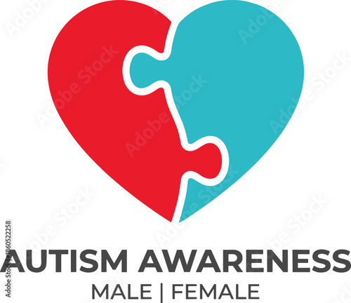 Autism awareness heart puzzle illustration, male and female symbol concept, diversity inclusion support, mental health advocacy flat vector