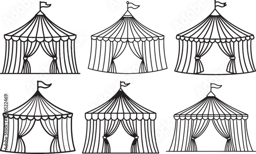 Set of Vintage Circus Tent Line Art, Coloring Book Page Vector Illustration