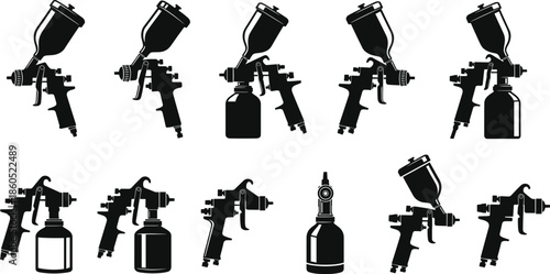 Professional paint spray gun vector set, automotive airbrush tool collection, industrial painting equipment icons, pneumatic sprayer shapes, workshop DIY home improvement graphic elements.