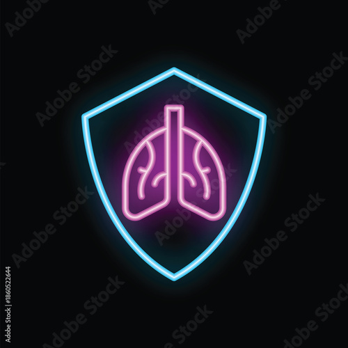Neon sign of a shield protecting lungs, representing respiratory health and illness prevention