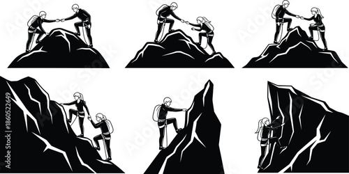 Mountain climbing silhouette set, rock climber couple helping each other, outdoor hiking adventure icons, teamwork mountaineering graphic elements, extreme sport climbing summit silhouettes.
