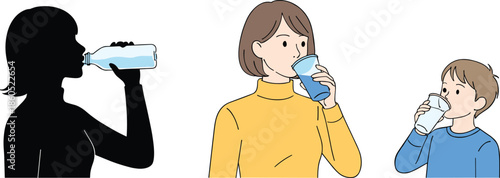 People Drinking Water Illustration Showing Woman Silhouette Mother and Child Hydration Concept for Health Wellness Lifestyle and Daily Nutrition Awareness