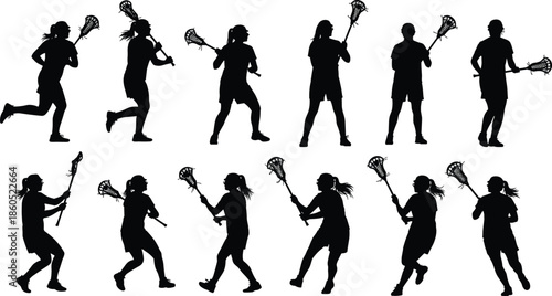 Women lacrosse player silhouette set, female athlete action poses, team sports gear icons, running throwing catching stick, collegiate competition graphics.