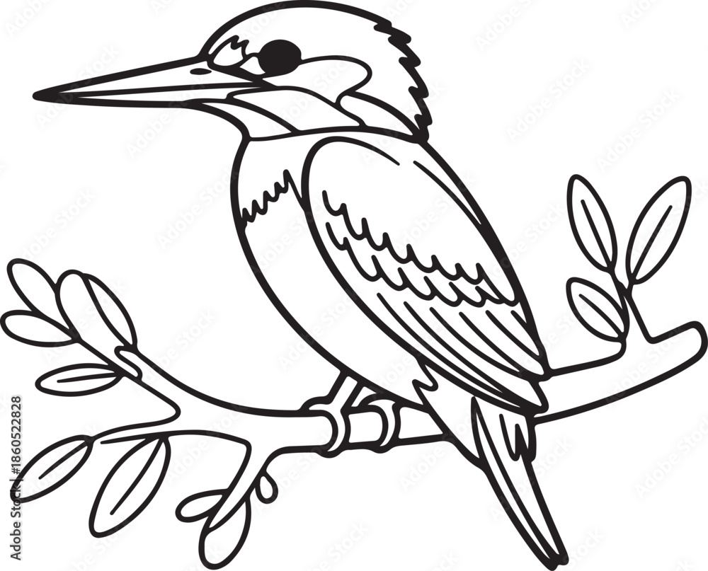 Fototapeta premium Kingfisher Sitting on Branch Line Art, Coloring Book Page Vector Illustration