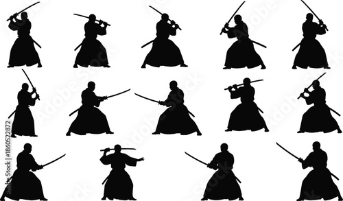 Samurai silhouettes with katana swords set, Japanese warrior martial arts poses, kendo fighter vector icons, ronin bushido action graphics, ninja silhouettes