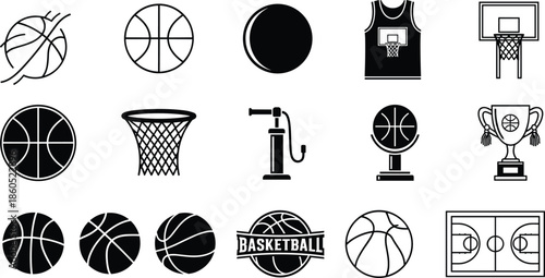 Set of black line and silhouette basketball icons, vector elements including ball, hoop, jersey, court, trophy, pump, sport game concept.
