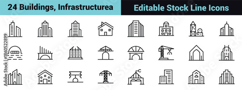 Set of 30 black line icons illustrating buildings, infrastructure, urban elements, architecture, transportation, and city planning