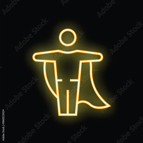 Neon sign of a superhero standing triumphantly with cape billowing behind