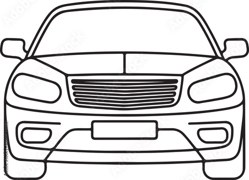Car Front View Line Art, Coloring Book Page Vector Illustration