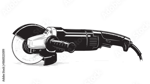 Industrial angle grinder tool showcased in a workshop with safety features and corded power operation.