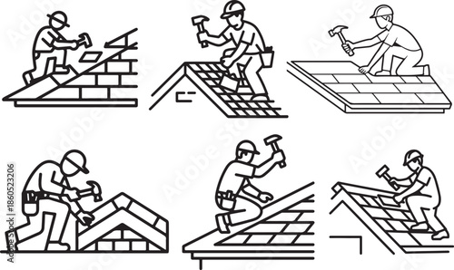 Set of Roofer Working with Hammer on Roof Line Art, Coloring Book Page Vector Illustration