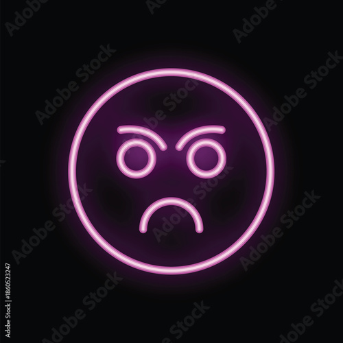 Neon style vector illustration of a purple colored frowning face on a black background
