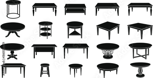 Table silhouette collection, furniture vector set, black design, round, square, rectangular, and oval styles, interior decor icon, isolated graphic