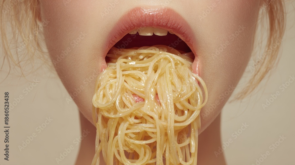 custom made wallpaper toronto digitalWoman with spaghetti overflowing from her mouth in a creative food display in a studio setting