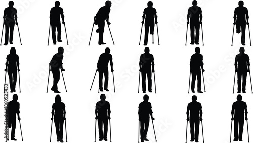 Crutch user silhouette collection, mobility aid vector set, black design, walking posture, disability support icon, rehabilitation, isolated graphic