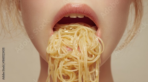 Wallpaper Mural Woman with spaghetti overflowing from her mouth in a creative food display in a studio setting Torontodigital.ca