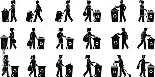 Recycling activity silhouette collection, waste management vector set, black design, eco-friendly behavior, bin interaction icons, isolated graphic, minimal layout