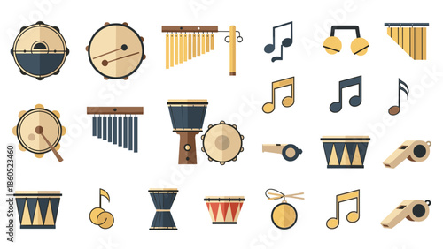 Collection of musical instruments and percussion instruments