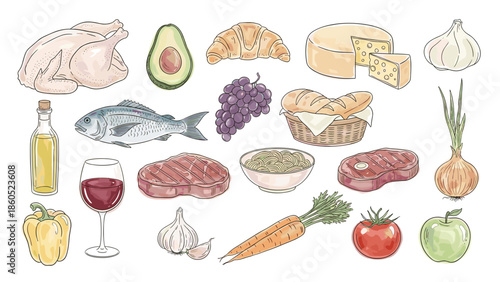 Fresh food ingredients including vegetables fruits dairy and meat