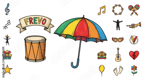 Collection of colorful musical instruments and accessories