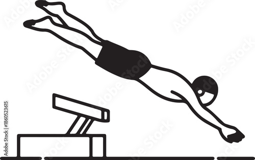 Swimmer Diving from Starting Block Line Art, Coloring Book Page Vector Illustration