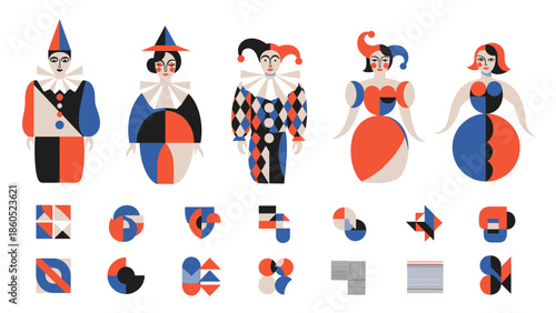 Set of colorful traditional puppets with vibrant costumes and hats