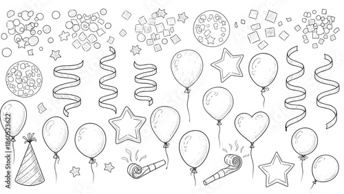 Collection of handdrawn party balloons and celebration icons