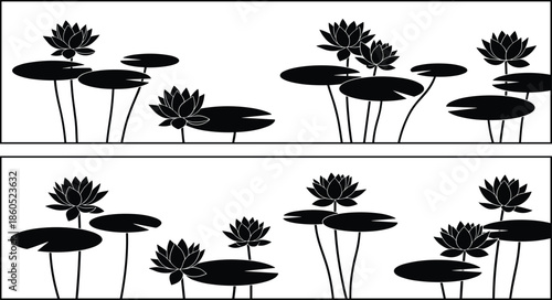 Black lotus flower silhouette border, water lily pond illustration, floral nature background, Asian art style, decorative botanical design