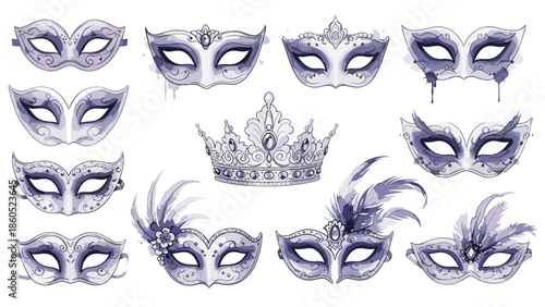 Collection of elegant purple masquerade masks with jewel crown and feathers