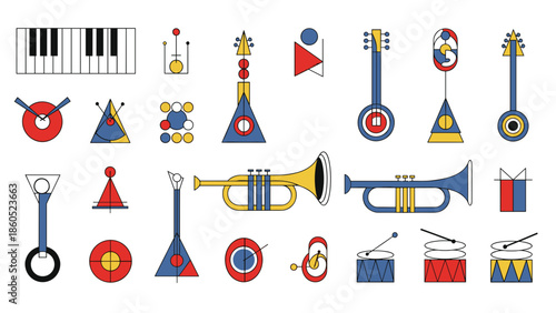 Set of colorful musical instruments and notes