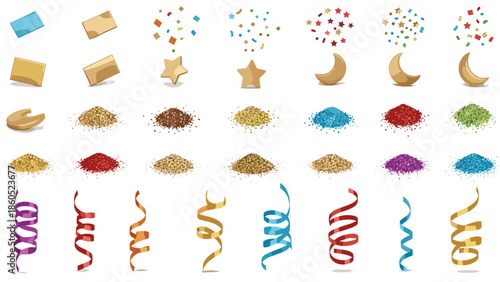 Collection of colorful party confetti and decorative curly ribbons