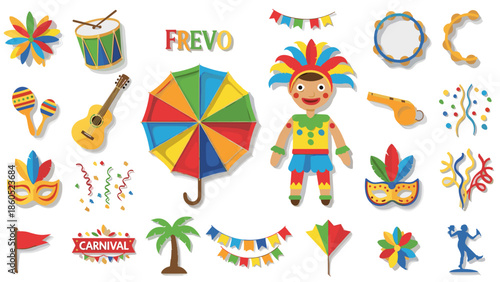 Colorful fiesta party icons set with masks, decorations, and accessories