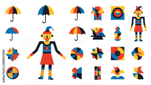Colorful circus clown and umbrella icons collection