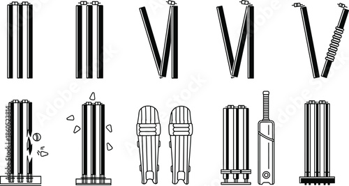 Set of black line art cricket icons, vector equipment including wicket stumps, bail, bat, pad, glove, bowler hitting wickets, sport game.