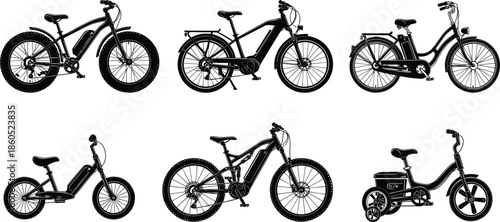 Bicycle silhouette collection, adult and kids bike vector set, fat tire, electric, cruiser, mountain, tricycle designs, black, isolated graphic