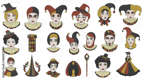 Set of diverse female clown characters in colorful costumes and makeup
