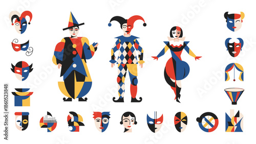 Colorful circus clowns with costumes and masks a