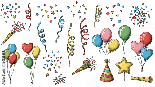 Colorful celebration confetti balloons and birthday party decorations