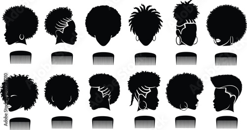 Afrocentric hairstyle silhouette collection, hair pick comb vector set, black design, cultural hair icons, textured styles, isolated graphic, minimal profile