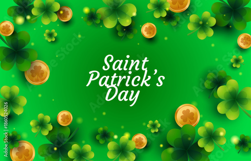 A vibrant st patrick's day background with clovers, gold coins, and festive text