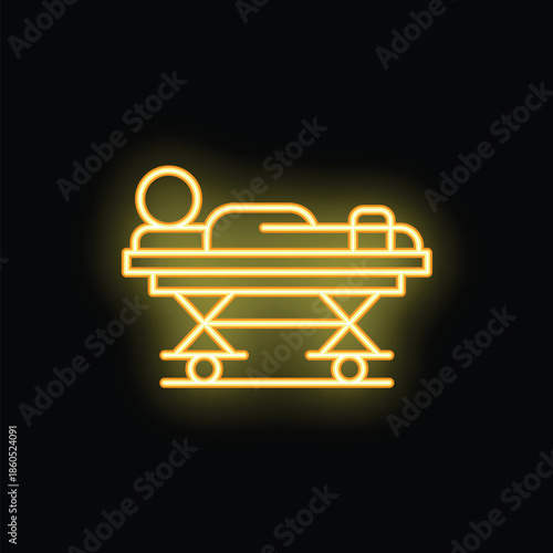 Yellow neon icon of a patient lying on a stretcher on a black background