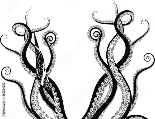 Octopus tentacle silhouette collection, marine vector design, black curling arms, suction cup detail, underwater icon, isolated graphic, minimal style