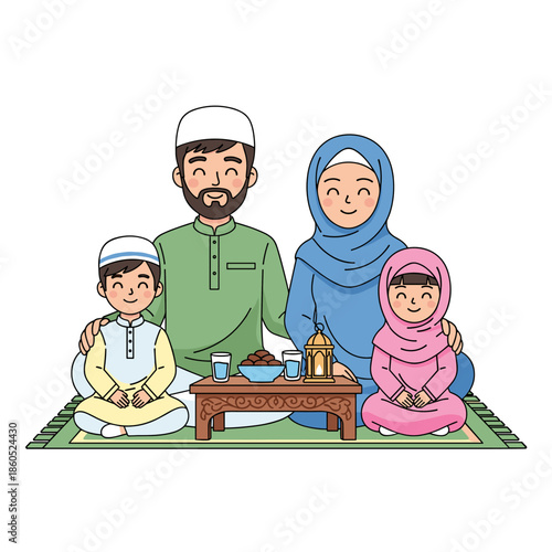 A family gathers together during Ramadan, sitting on a mat with traditional food and drinks, enjoying a moment of togetherness and celebration.