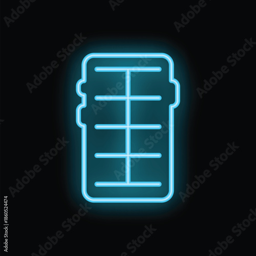 Glowing neon blue icon of a fitness or yoga mat, isolated on a black background, concept of healthy lifestyle