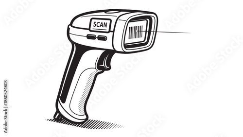 Illustration of a handheld barcode scanner used in technology.