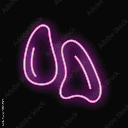 Bright pink neon sign in the shape of healthy human lungs is glowing on a black background