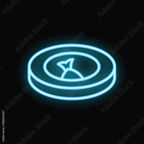 Blue neon sign showing a compass pointing north