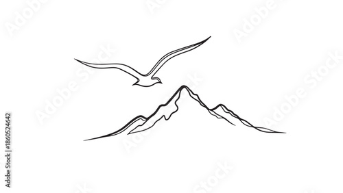 Minimalist line drawing of a soaring bird above a rugged mountain range.