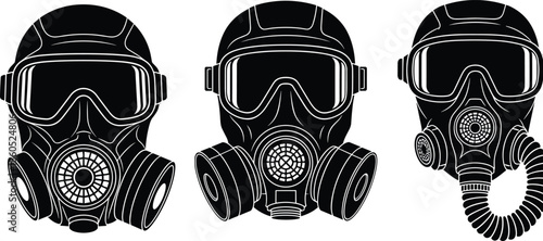 Gas mask respirator silhouettes set isolated black vector illustration for safety protection industrial hazard emergency survival concept design equipment collection